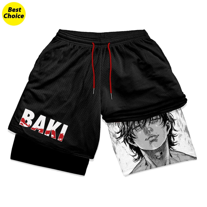 Anime Baki Hanma Gym Workout Shorts for Men Athletic Quick Dry 2 in 1 Compression Shorts Cosplay Costume