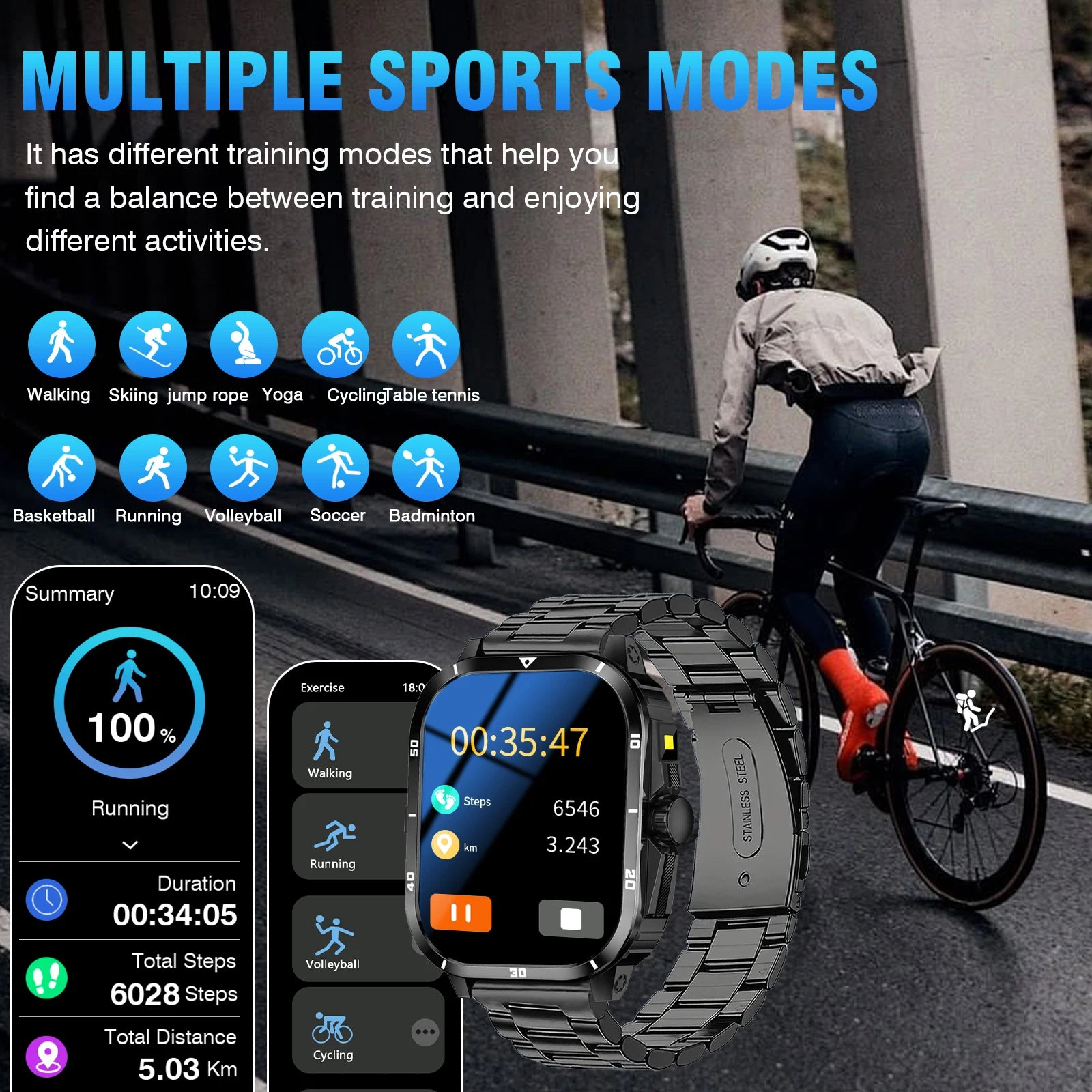 Smart watch, full touchscreen sports watch, Bluetooth calling, with flashlight, unisex, compatible with Android and iPhone.