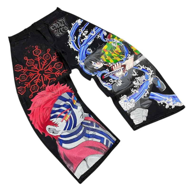 Y2K Jeans anime Harajuku printed pattern Wide Leg Jeans Gothic Vintage Hip Hop High Waist Men Women Fashion Casual Streetwear