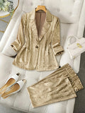 Metallic lapel single button pocket women's suit elegant jacket straight trousers suit, suitable for commuting, office, gatherin