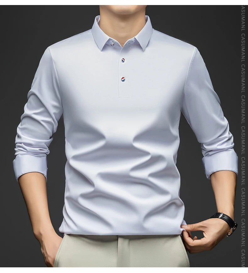 BROWON 2025 Spring Autumn Casual Work Tops Man Tshirt Long Sleeve Solid Color Soft Elegant Business Mulberry Silk T Shirt Man