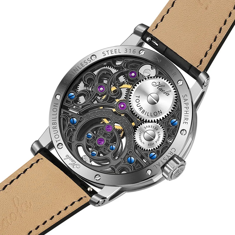 Haofa Manual Tourbillon Watch for Men Moonphase Energy Display Dial Skeleton Movement Sapphire Mechanical Wristwatches 1939
