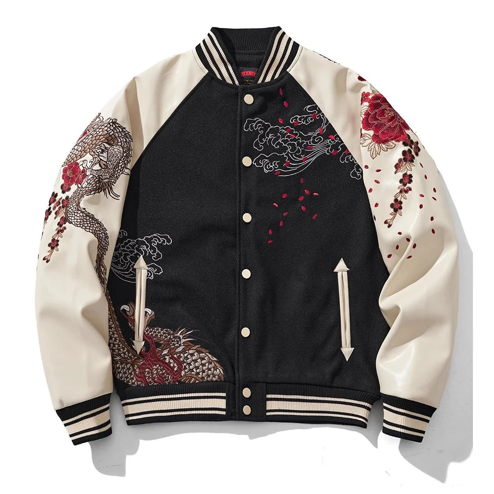 Streetwear Japanese Sukajan Souvenir Baseball Jacket 2025 Autumn Chinese Dragon Embroidered Woolen Patchwork Jacket Coat