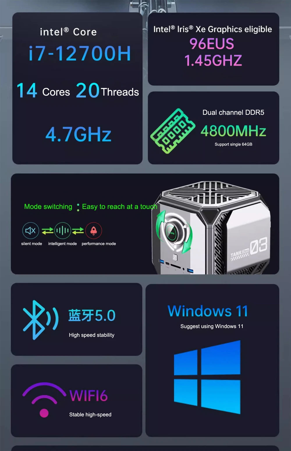 TANK Gaming Mini PC Nvidia RTX3070 16G lntel Core I7 12700H Office Dedicated Desktop Computer PCIE 4.0 Wifi 6 BT5.0 RTX3060 12G