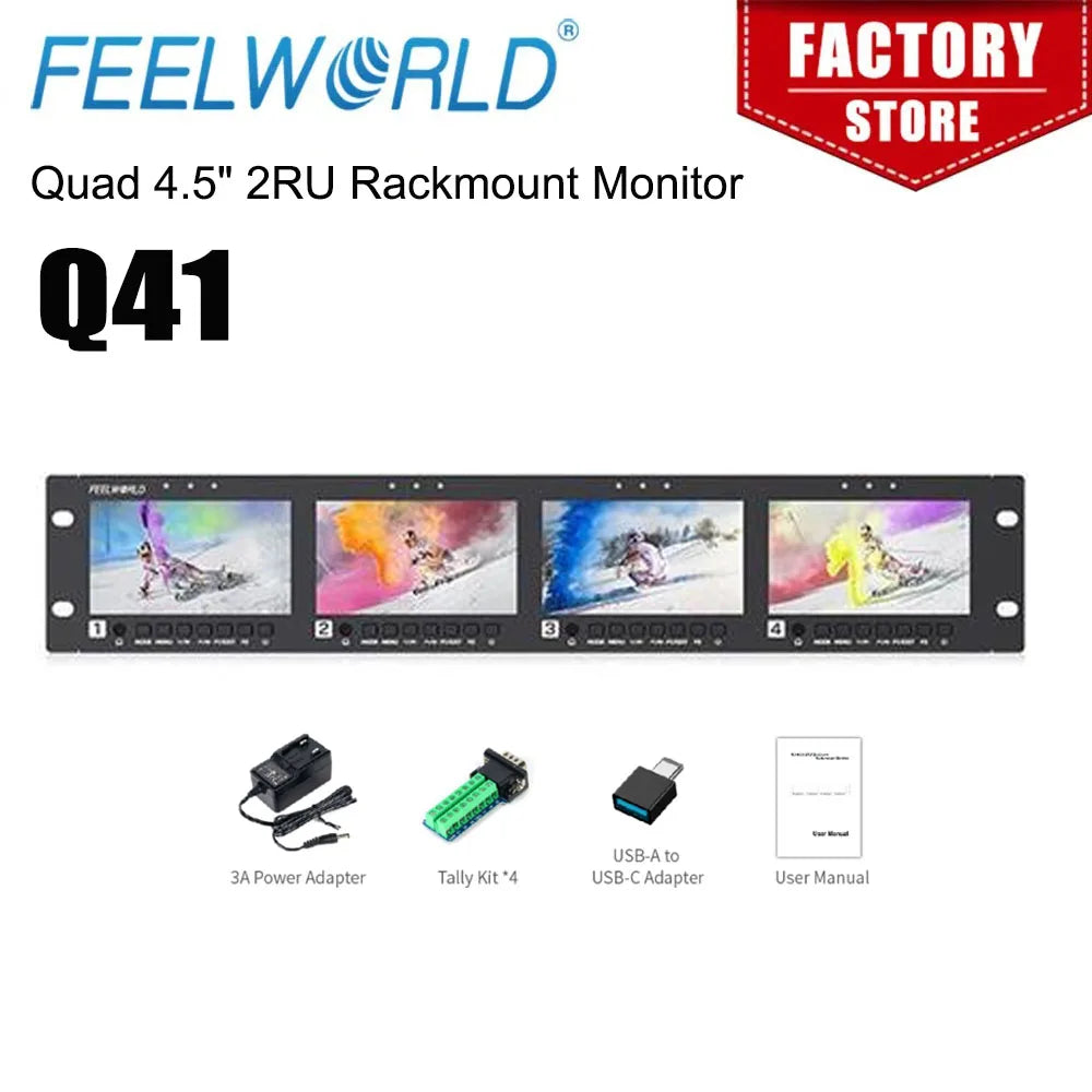 FEELWORLD Q41 Quad 4.5" 2RU Rackmount Monitor 3G-SDI 4KHDMI AV input and output 1280x720 pixels