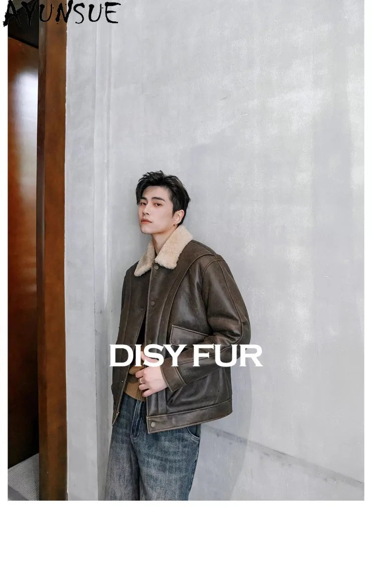 AYUNSUE Natural Sheepskin Fur Coat Men Autumn Winter New Short Real Wool Man Vintage Leather Jacket Motorcycle Fur Coats Jackets