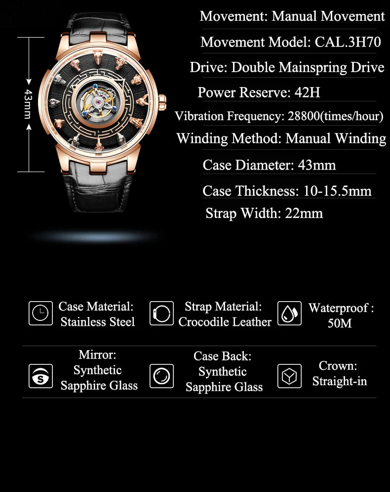 Haofa Center Tourbillon Watch 3D Chinese zodiac Animal Sculpture Manual Tourbillon Sapphire Waterproof Limited Watches Men 2000