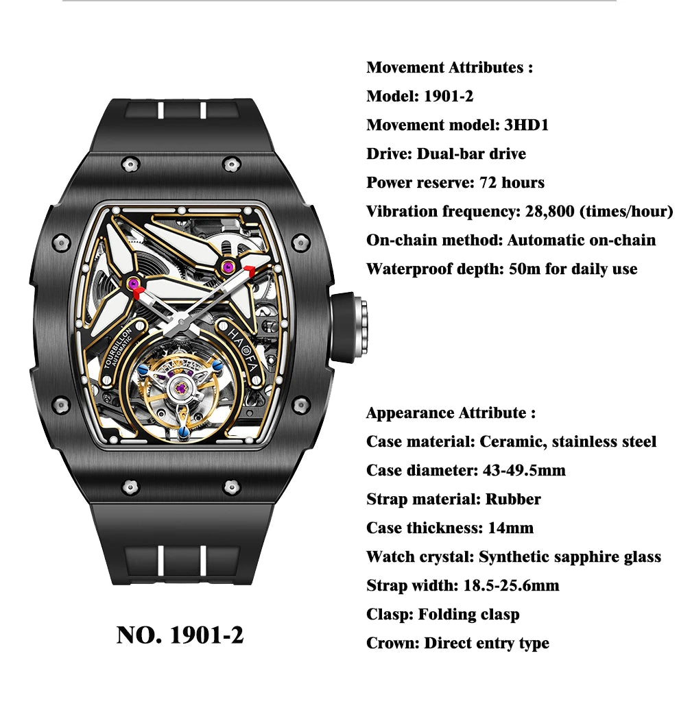 Haofa Automatic Flying Tourbillon Men's Luxury Watch Ceramic Case Skeleton Mechanical Sapphire Man Watch Business 1901-2