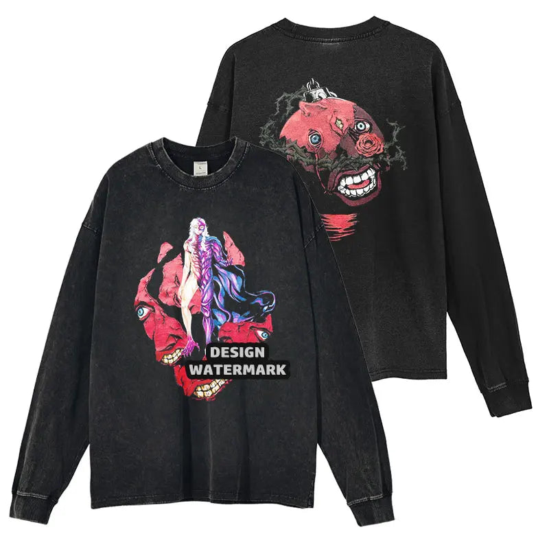 Anime Griffith Sweater Oversized Vintage Washed B -Berserk Long Sleeve T Shirt Manga Guts Pullover Zodd Sweatshirts 100% Cotton