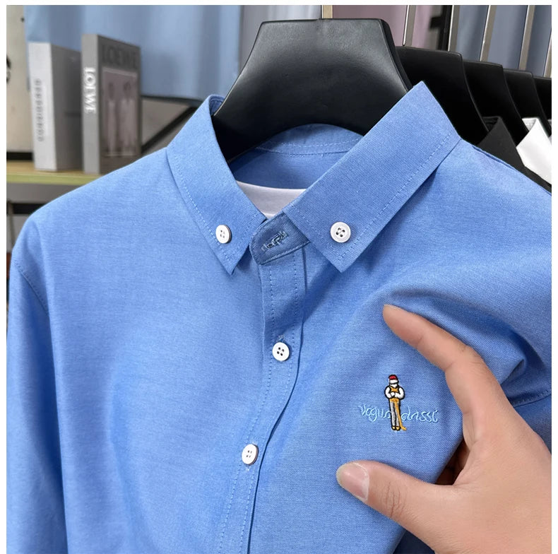 Light luxury fashion men's long sleeve shirt brand cartoon embroidery high-quality business casual solid color golf lapel top