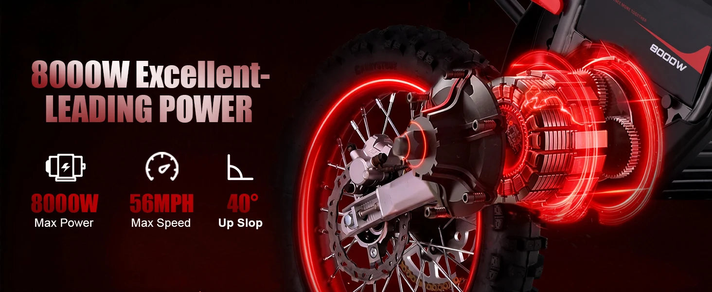 KOOZ HP131E-L 72V 8000W Pro Electric Dirt Bike for Adults,3 Speed Modes Electric Motorcycle Up to 56 MPH with 19"/16" Tires.