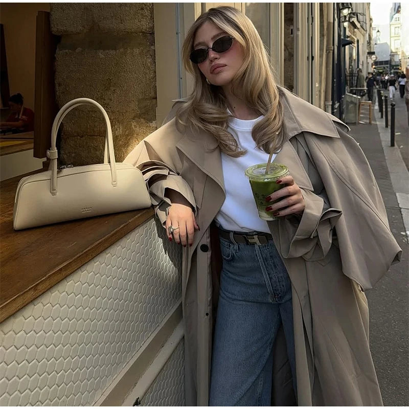 Solid Lace Up Long Trench Coat Women Fashion Full Sleeve Lapel Single Breasted Loose Outerwear 2026 Lady Spring High Street Coat
