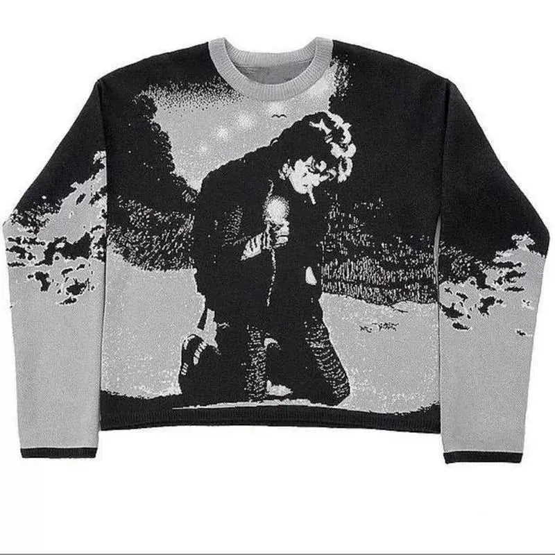 Harajuku Style Vintage Cartoon Anime Print Knit over Long Sleeve round Neck Sweater for Men Autumn Winter Collection