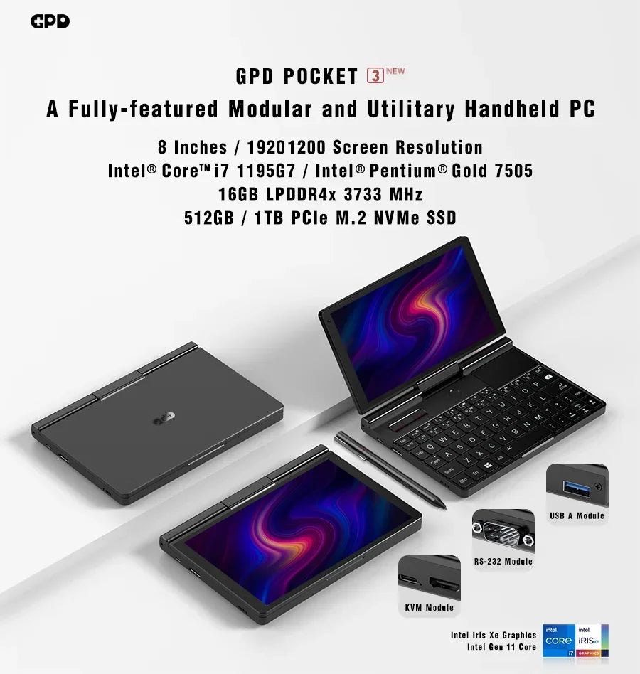Popular High-end Modular Handheld Computer,GPD Pocket 3 Mini Notebook, 8 Inch Intel Gold 7505, 16GB 512GB SSD,