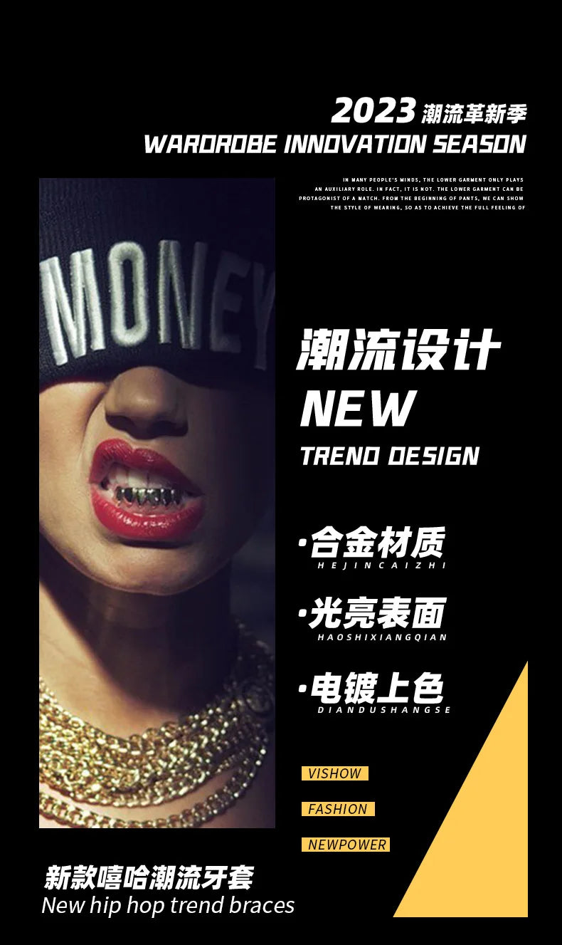 Hip Hop 6/6 Teeth Grills Hip Hop 14K Gold Plated Tooth Caps Decor Braces Punk Cosplay Party Braces For Fashion Women Men Jewelry