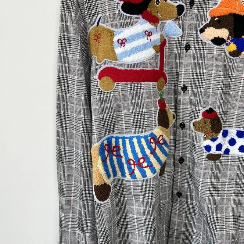 PFHQ Fashion Men's Shirt Cartoon Towel Embroidered Decoration Plaid Design Loose Personality Versatile Male Shirt Tide 21P2205