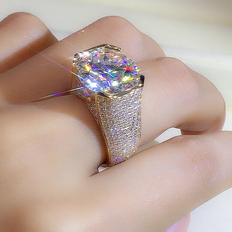 Custom Real 9K Yellow Gold Ring Men Engagement Anniversary Party Wedding Ring Round Moissanite Diamond Luxury 6 7 8 9 10 Carat