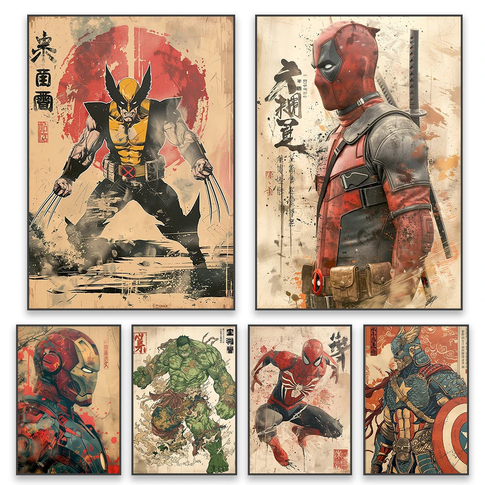 Deadpool Wolverine Art Poster Superhero Hulk Classical Japanese Style Prints Iron Man Spider Man Canvas Painting Decor