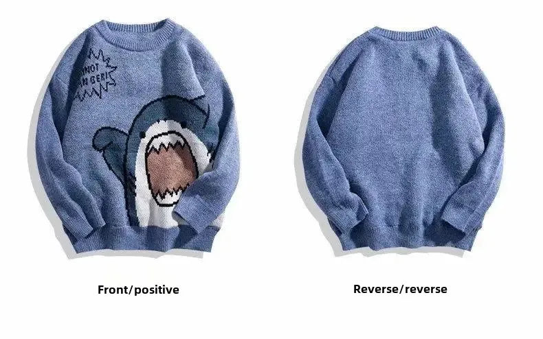 Autumn/Winter Japanese Cartoon Shark Round Neck Couple Sweater Men's Trendy Brand Loose-Fit Korean Knitted Top Hong Kong Style