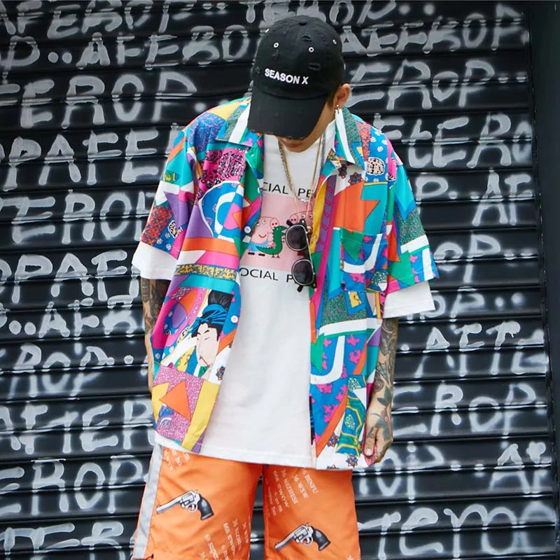 Men Loose Hip Hop Shirt Harajuku Japanese Ukiyo E Anime Shirt Short Sleeve Top Hawaiian Shirt Casual Streetwear Thin Summer 2025