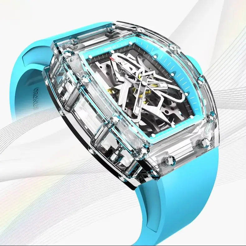 CRONUSART Men Automatic Watch 50mm Tonneau Mechanical Wristwatch Sapphire Case & Mirror Luminous Fluororubber Strap Skeleton