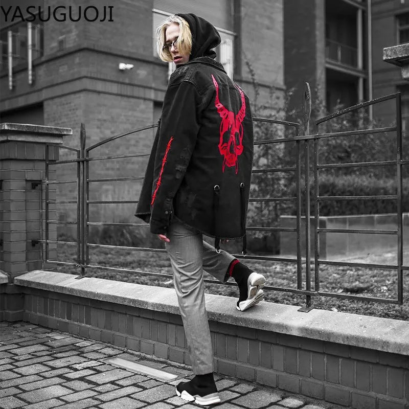 Gothic Demon Hunter Skull Black Denim Jacket Men Rock Punk Heavy Metal Sweatshirt Sudadera Hole Streetwear Mens Jean Jacket
