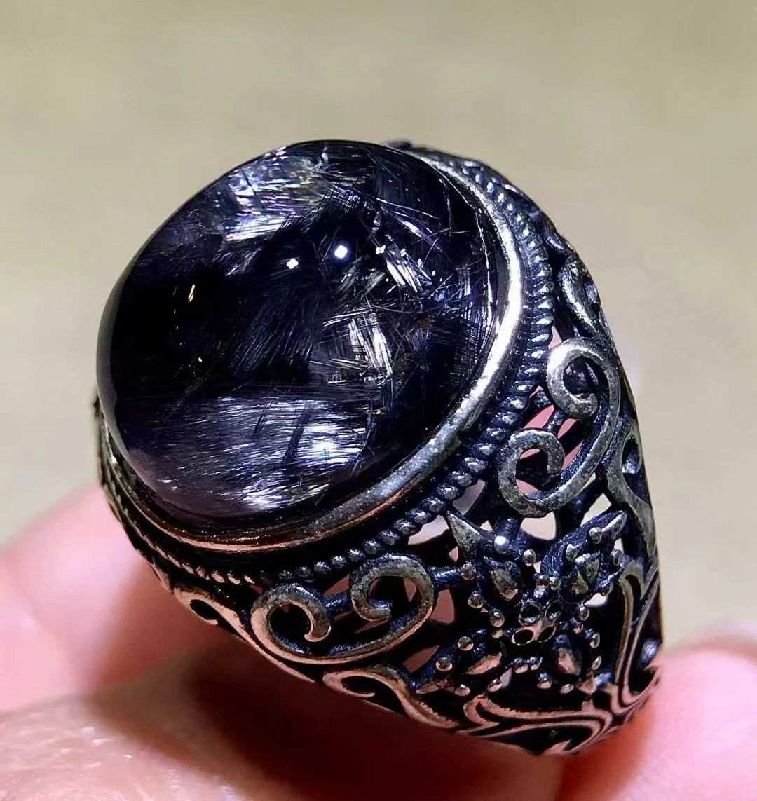 Natural Brookite Platinum Rutilated Quartz Ring Oval 925 Sterling Silver 16.6/14/8mm Woman Men Water Drop Lucky AAAAA