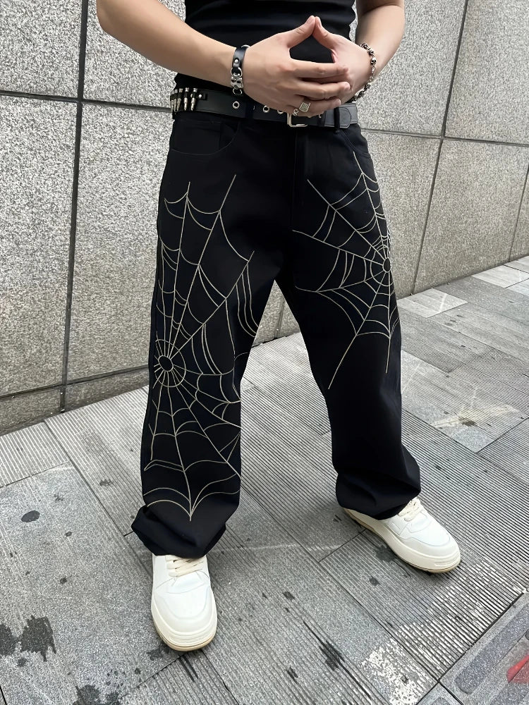 Men's Black Jeans Spider Web Printing Loose Wide Leg Casual Daily Trousers High Street Fashion Trendy Streetwear Denim Pants