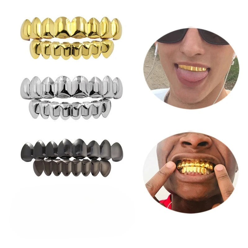 Hip Hop 6/6 Teeth Grills Hip Hop 14K Gold Plated Tooth Caps Decor Braces Punk Cosplay Party Braces For Fashion Women Men Jewelry