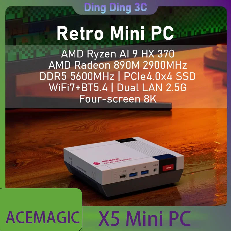 ACEMAGIC X5 Retro Mini Desktop PC AMD Ryzen AI 9 HX370 High Performance WiFi 7+BT5.4 DDR5 5600MHz PCle4.0x4 SSD Four-screen 8K