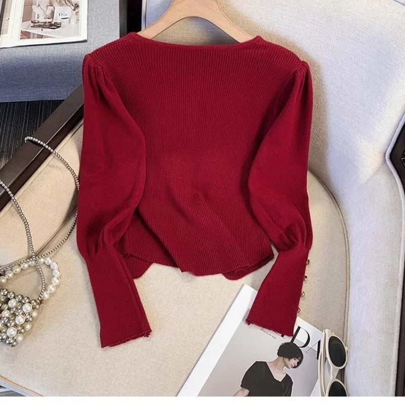 Pleated Slit Hem Contrast Patchwork Sweet Pullovers Women Clothing New Long Sleeve Fashion Sweaters Casual Korean Autumn Winter