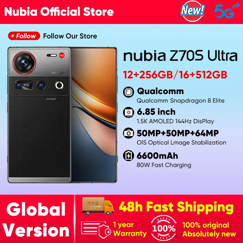 Nubia Z70S Ultra Global Edition Snapdragon 8 Elite 6.85-inch 1.5K 144Hz OLED 6600mAh 80W 64MP+50MP IP69