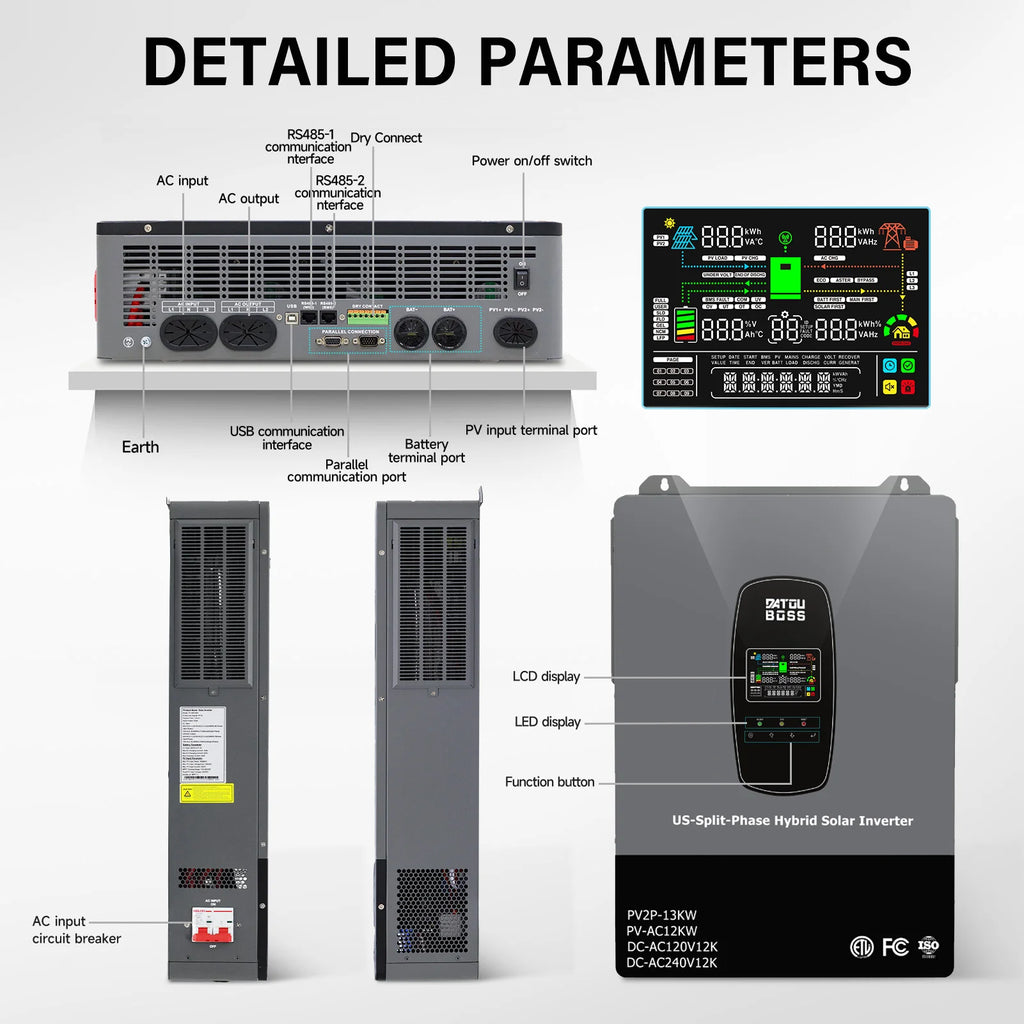 DATOUBOSS 12KW 240V Solar Hybrid Inverter Phase-Split UPS Uninterruptible Power Supply Off-Grid Mode Available for U.S. Market