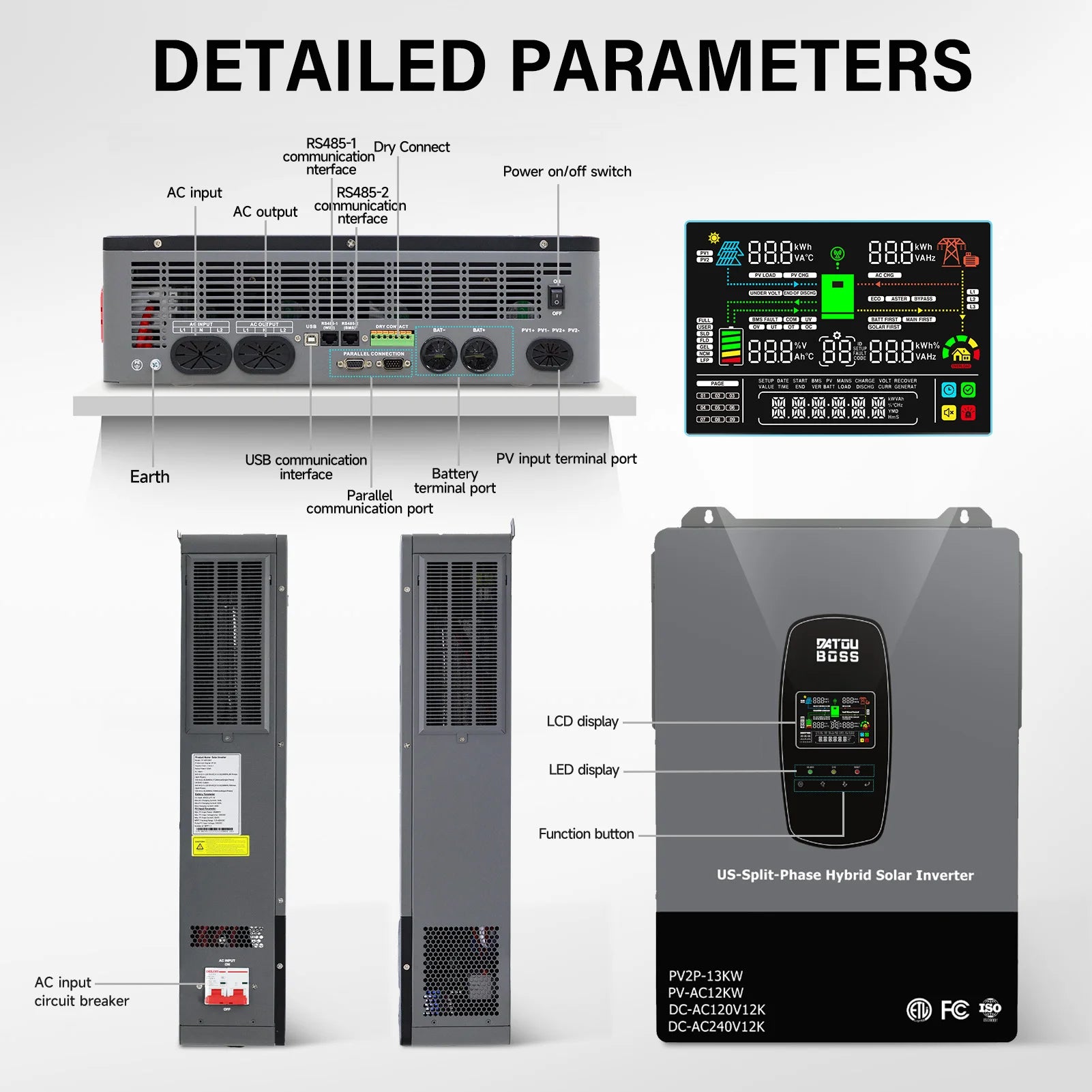 DATOUBOSS 12KW 240V Solar Hybrid Inverter Phase-Split UPS Uninterruptible Power Supply Off-Grid Mode Available for U.S. Market