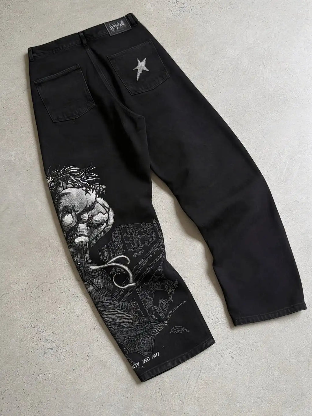 Street Fashion Anime Pattern Embroidery Oversized Denim Pants for Street Wear Y2K Loose Pants