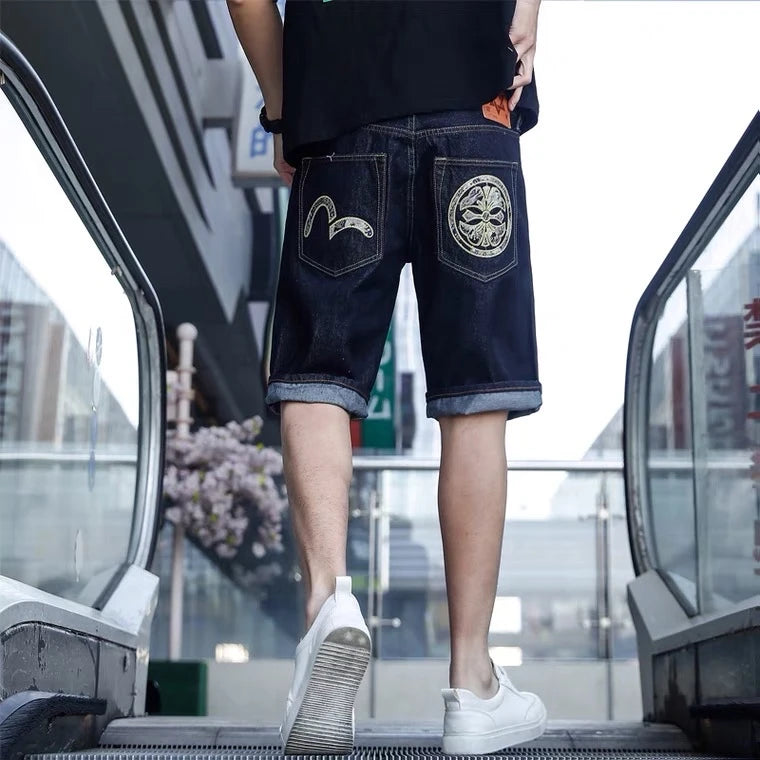 Men Embroidery Denim Shorts Black Hiphop Jeans Pants Cherry Blossom Dragon Totem Washed Zipper Cotton Summer cherry blossoms 024