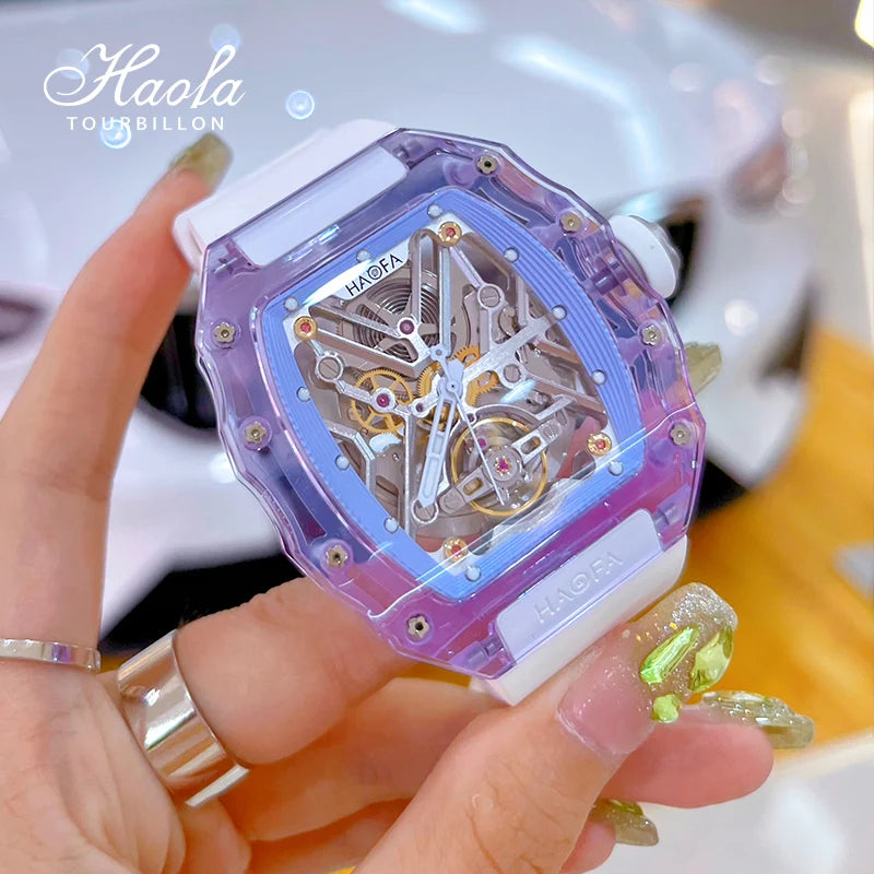 Haofa Crystal Case Automatic Man Watch 72H Power Model Skeleton Dial Self Wind Mechanical Movement Wristwatch Luxury 2203