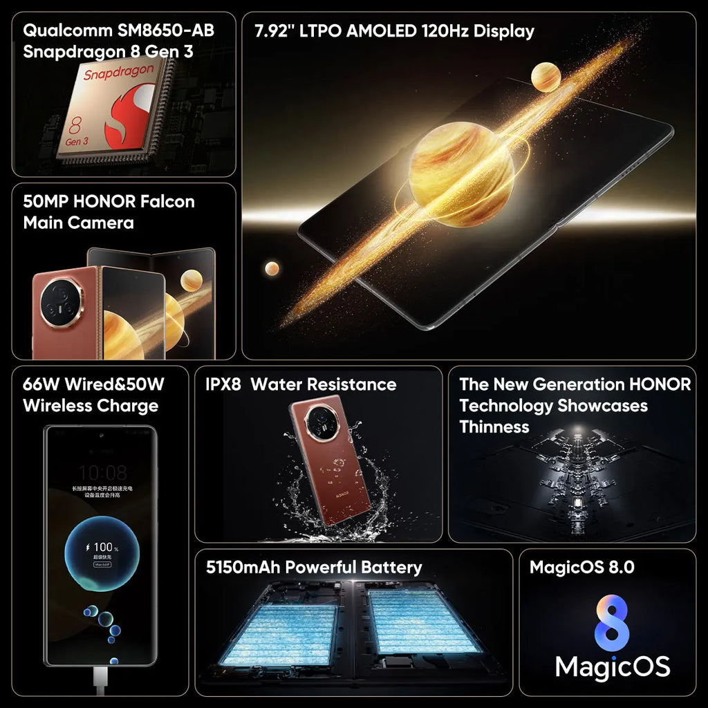 HONOR Magic V3 Global Version 5G Foldable Smartphone Snapdragon 8 Gen 3 7.92" LTPO OLED Display 5150mAh Battery 66W SuperCharge