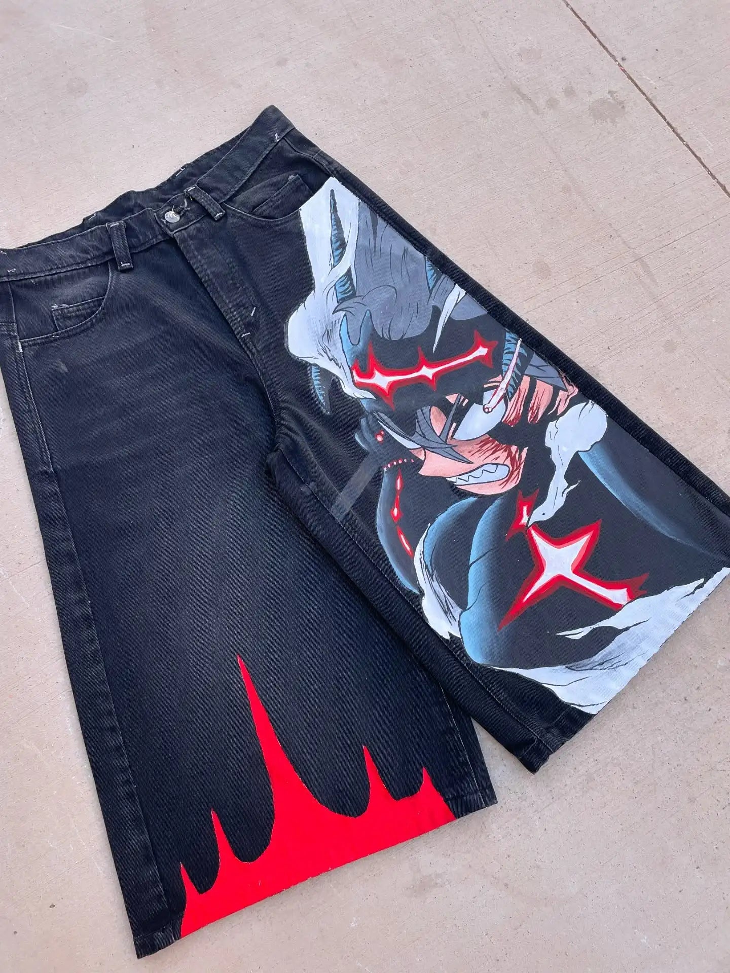 Trend Popular Anime Shorts Jeans Y2k Five-point Pants High Waisted Baggy Straight Denim Pant Streetwear Jean Men Clothing