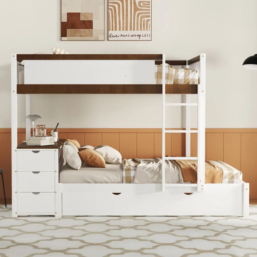Full-Over-Full Bunk Bed with Twin size Trundle Storage and Desk White+Walnut