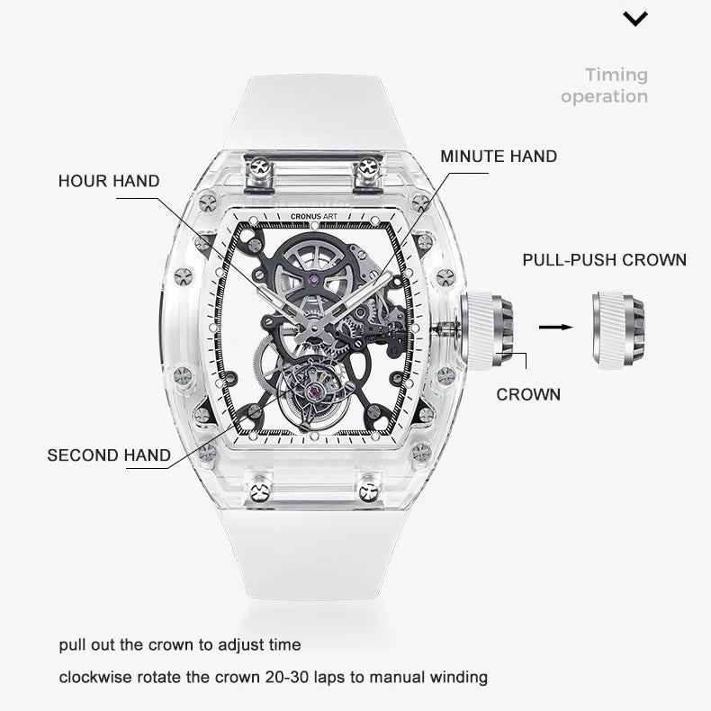 CRONUSART Men Tourbillon Watch 50mm*42mm Tonneau Sapphire Case Mechanical Wristwatch Fluororubber Strap Skeleton Panda Dial