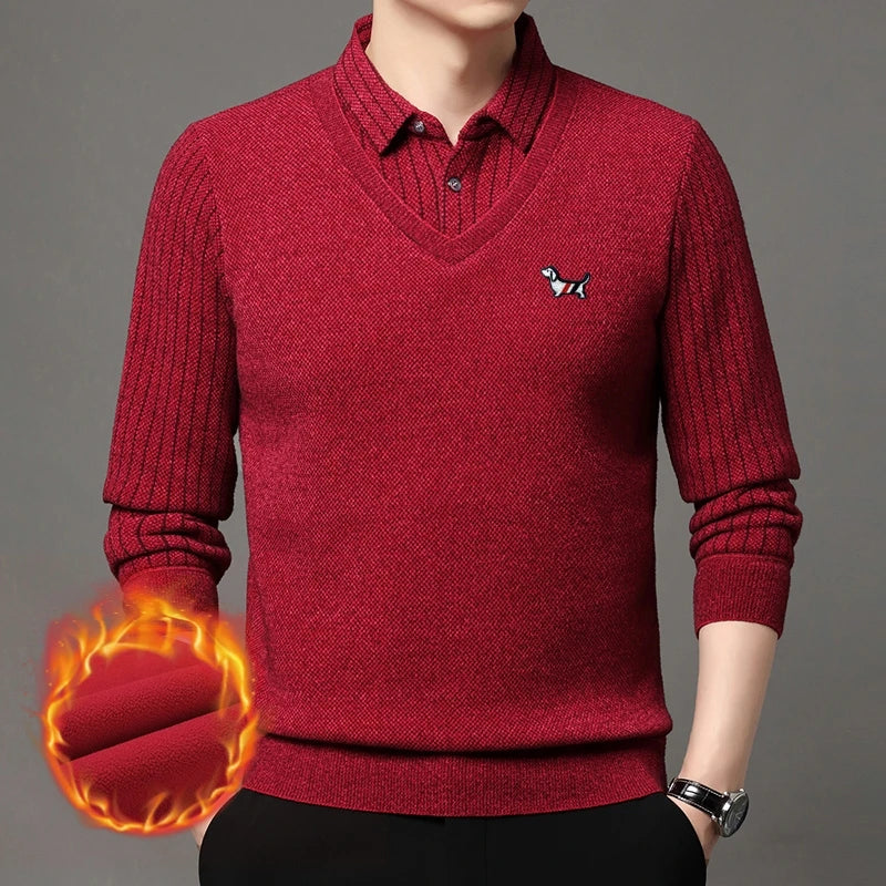 Hot Sales Cartoon Dog Embroid Men's Sweater Lapel Thicken Knit Pullover Winter Design Quality Fake Two Pieces Warm Men's Wear