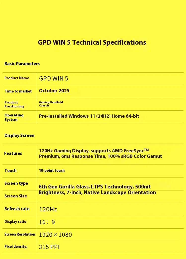 New GPD Win5 7" 120Hz 1080P LTPS Screen Handheld Gaming Console AMD395 M.2 2280 SSD Windows11 RGB Ergonomic Handheld Game Player