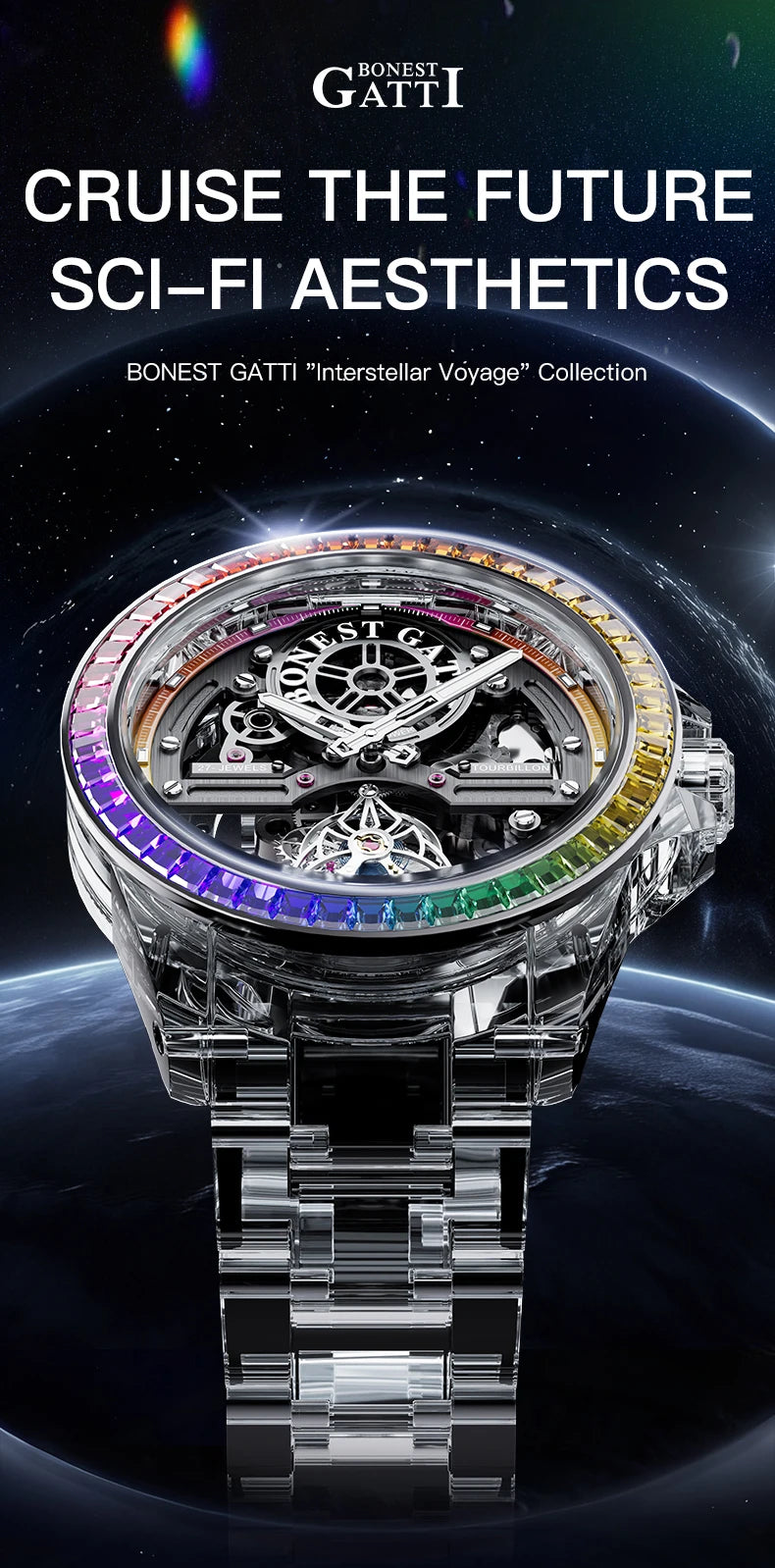 BONEST GATTI Luxury Skeleton Tourbillon Watch for Men K9 Crystal Case with Rainbow Bezel Automatic Mechanical Wristwatch