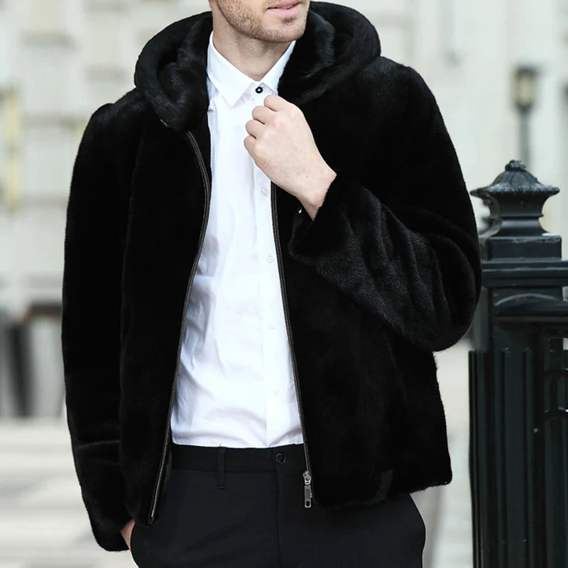 Real Men Mink Fur Coat With Hood Winter Warm Full Pelt Fur Classic Black Color Luxurious Thick Mens Coats 2023 Outwear Jacket