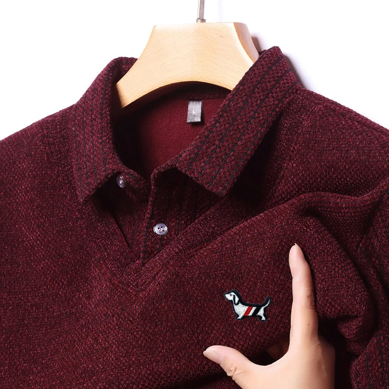 Hot Sales Cartoon Dog Embroid Men's Sweater Lapel Thicken Knit Pullover Winter Design Quality Fake Two Pieces Warm Men's Wear