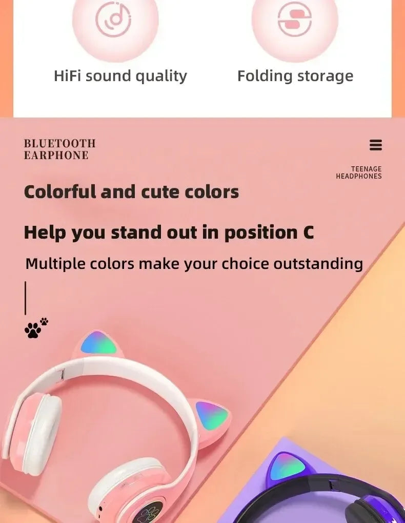 Cute Cat Wireless Headphones RGB Cute Cat Ears Headset With Microphone Noise Cancelling Kid Stereo Music Children's Gifts