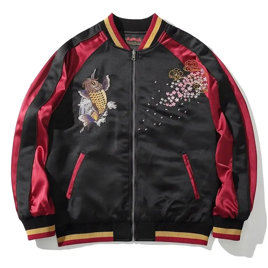 Red Black Cherry Blossoms Sakura Carp Embroidered Original Yokosuka Sukajan Souvenir Jackets
