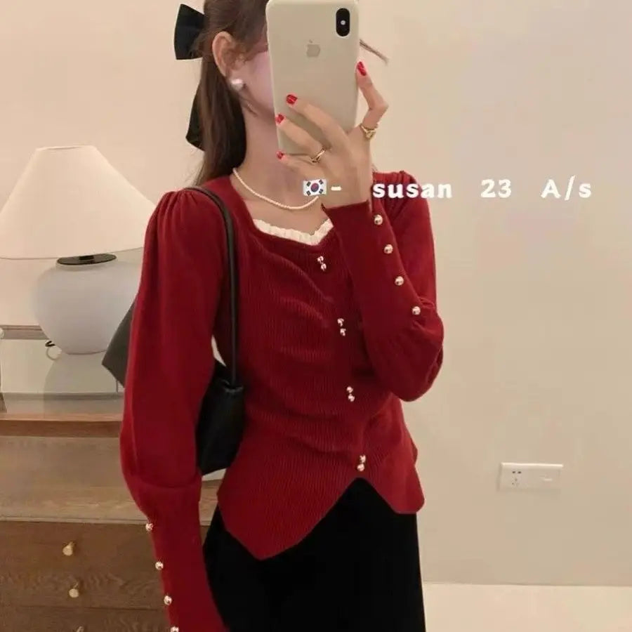 Pleated Slit Hem Contrast Patchwork Sweet Pullovers Women Clothing New Long Sleeve Fashion Sweaters Casual Korean Autumn Winter