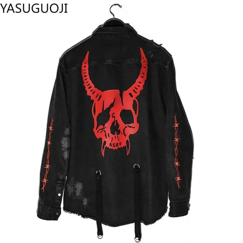Gothic Demon Hunter Skull Black Denim Jacket Men Rock Punk Heavy Metal Sweatshirt Sudadera Hole Streetwear Mens Jean Jacket